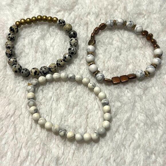 Lot of 3 White Black Gray Marble BeadsCopper Tone Accent Elastic Bracelets - Picture 3 of 6